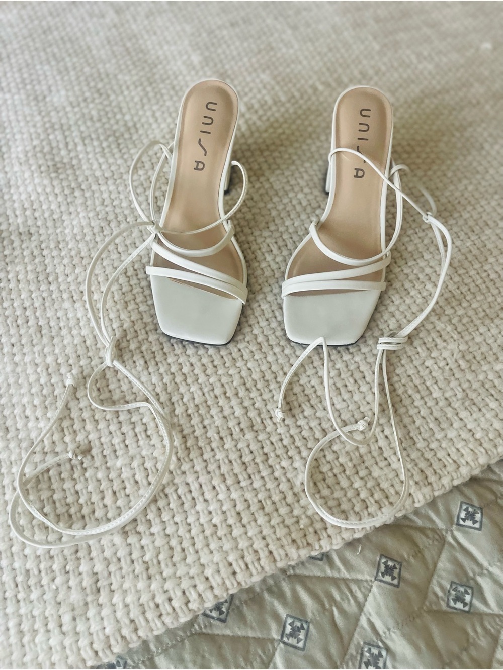 Unisa Women’s White Strappy Square-Toe Lace-Up Heels